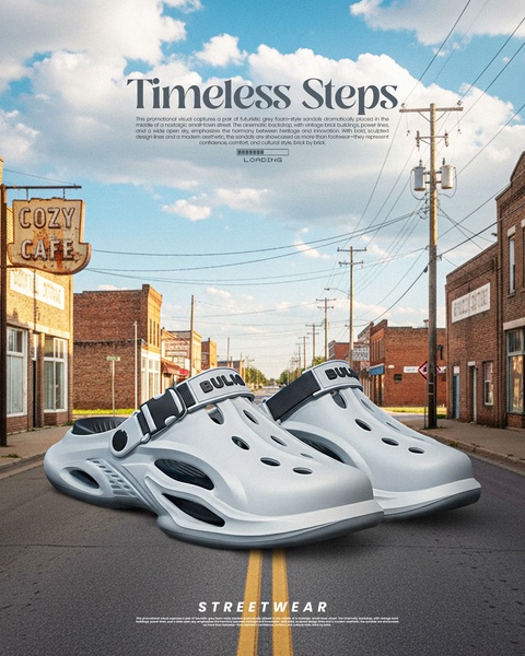 casual shoes, slip on shoes, comfort shoes, foam shoes, clog shoes, athletic clogs, lightweight shoes, product launch, brand awareness, outdoor, editorial, bold, fresh, blue, neutral